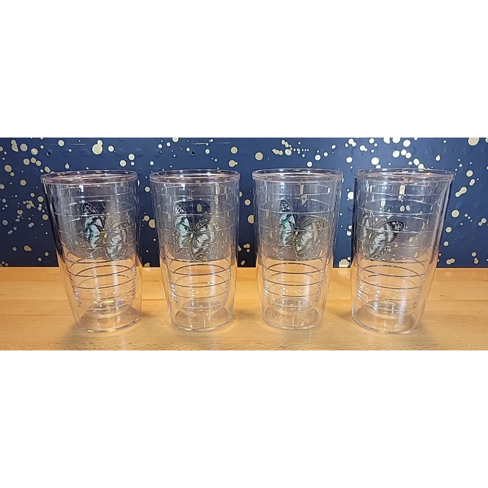Tervis tumblers (Set of 4) Blue Butterfly 16 oz w/ lids and straws Insulated
